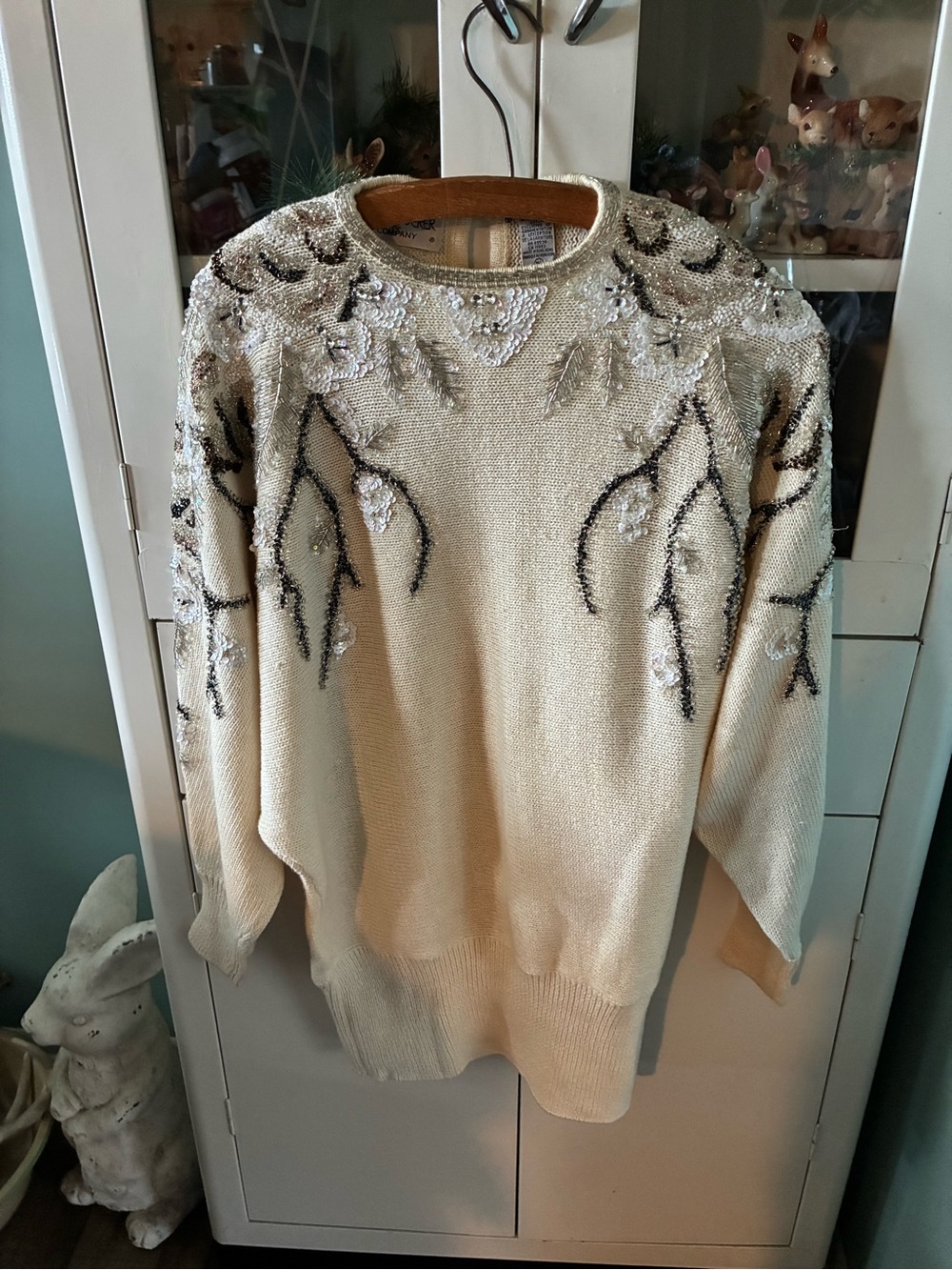 Bonnie Boerer sz M Vintage Embellished Cream Beaded Sweater euc
